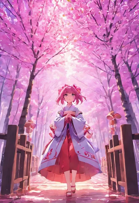 (Masterpiece) Purple and pink light effects, Japanese Shrine, cherry trees, anime girls, Yae Miko, solo girls, 4k, 5k,