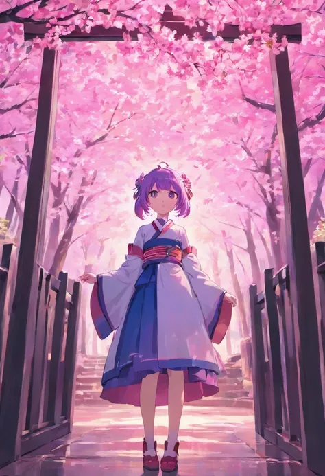 (Masterpiece) Purple and pink light effects, Japanese Shrine, cherry trees, anime girls, Yae Miko, solo girls, 4k, 5k,