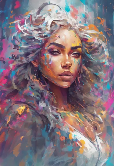 Splash art, a lightskin woman head with long curly hair, ((white background)), piercing eyes, epic Instagram, artstation, splash style of colorful paint, contour, hyperdetailed intricately detailed , unreal engine, fantastical, intricate detail, splash scr...