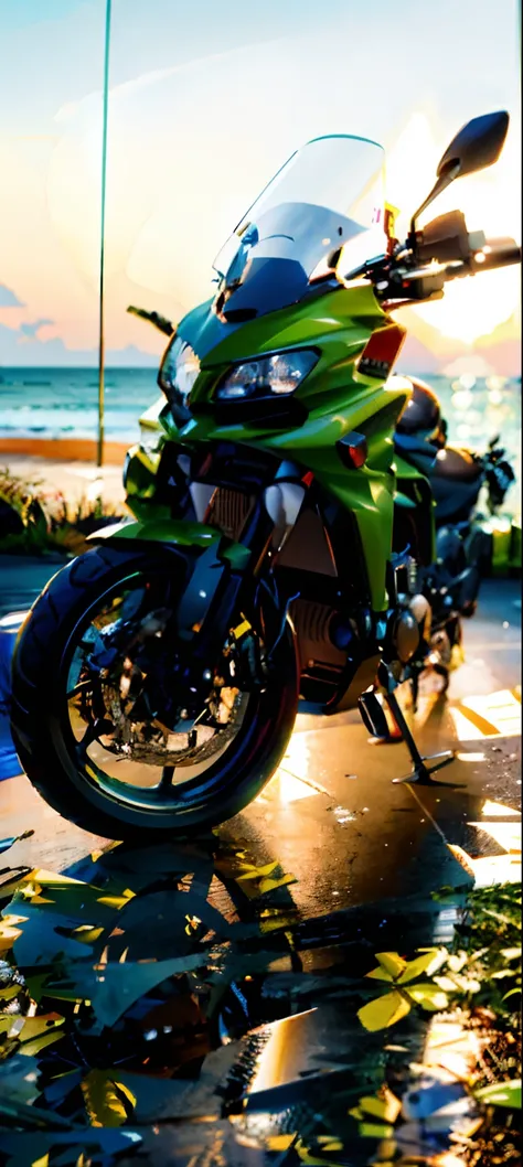 There is a green motorbike parked on the beach near the water, tiro frontal, Kawasaki, cinematic front shot, Iluminado frontal, frente em, medium wide front shot, verde, Frente cheia, perspectiva frontal, touring, retrato frontal, Foto de perfil frontal, T...