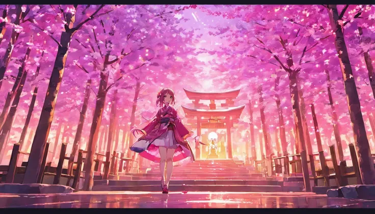 (Masterpiece) Purple and pink light effects, Japanese Shrine, cherry trees,, Yae Miko, 4k, 5k,