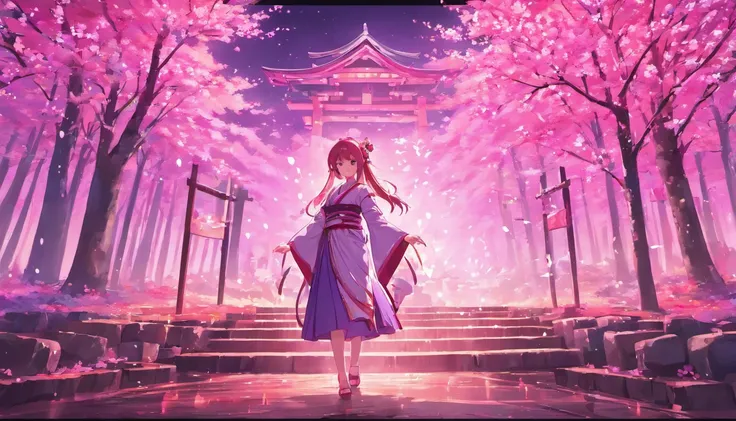 (Masterpiece) Purple and pink light effects, Japanese Shrine, cherry trees,, Yae Miko, 4k, 5k,