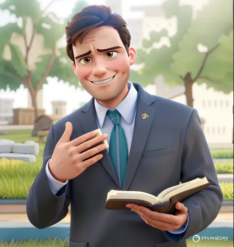 A brunette man with a bible in his hands Disney Pixar style, alta qualidade, melhor qualidade