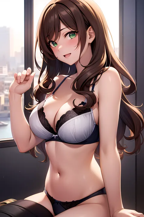 ((masterpiece, best quality, highres, UHD, perfect pixel, depth of field, 4k, RTX, HDR)), 1girl, single, solo, 24 years old, beautiful anime girl, beautiful artstyle, anime character, ((long hair, parted bangs, brown hair, curly hair)), (green eyes:1.4, ro...