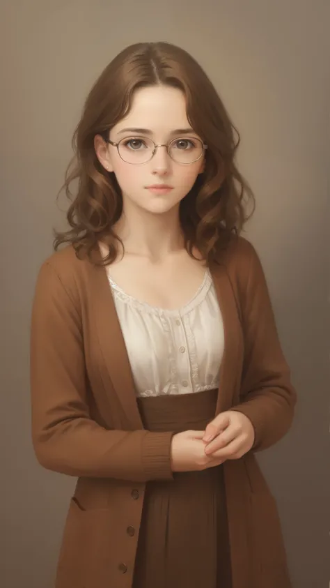 a 1girl, a beautiful teen-aged girl, extremely small breasts, short wavy brown hair, brown eye, eyeglasses, portraite of a, oil painted, contemporary, Realistic Proportion, Intricate, intricate detials, Sharp focus