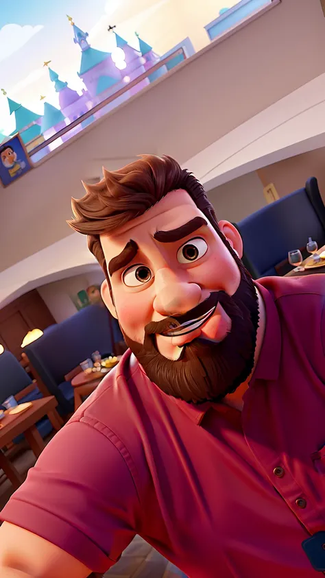 Poster no estilo Disney pixar, alta qualidade, melhor qualidade, homem sexy branco, 30 anos cabelo grisalho barba preta, musculoso, com fundo em um restaurante a luz de velas