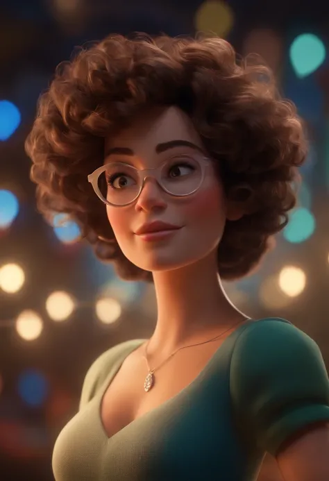 Pixar style image with 3D character white glasses brunette woman short curly hair dancing, Maquiagem Disney,Pescador, bonitinho, sorridente ,Close-up, Pixar, Disney, Cinema lighting,