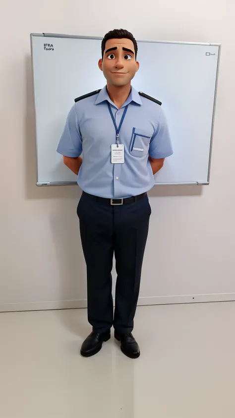 Arafed man standing in front of a whiteboard with a name tag, fotografia de corpo inteiro, imagem de corpo inteiro, foto de corpo inteiro, foto de corpo inteiro, icaro carvalho, full body photgraph, retrato de corpo inteiro, david rios ferreira, Uniforme J...