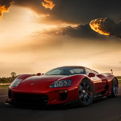 Create an artistic representation of a supercar racing on a track engulfed in flames. The image should convey the energy and intensity of the moment, with a bold and expressive art style. The supercar should be depicted with exaggerated features, such as e...