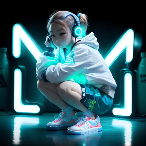 head phone、Neon light、Short pants、Beautiful feet