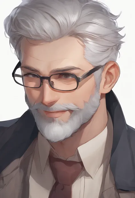 man, gray hair and beard, round glasses, smiling,, rounded face, short hair, nice teeth, slim,