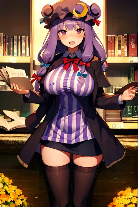 (solo Patchouli (standing with open legs):1.3), lakeside forest, BREAK, (inconceivably long legs:1.2), thin legs, (legs apart), pigeon toed, (black long thighhighs:1.3), (very short skirt:1.3), BREAK, (very short torso), BREAK, (perky huge breast:1.3), (th...