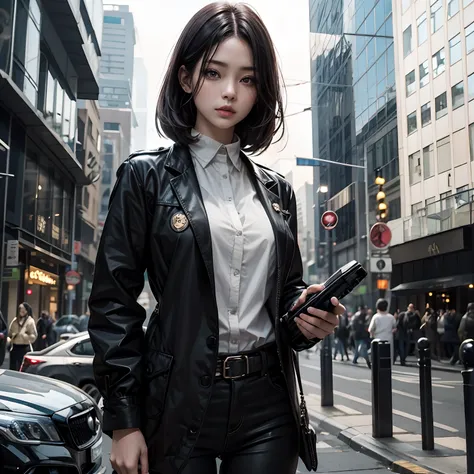 Beautuful Women。A dark-haired。Dressed in black recruits、Holding something like a flashlight in one hand。Standing in the middle of the city, she、The weather is cloudy。