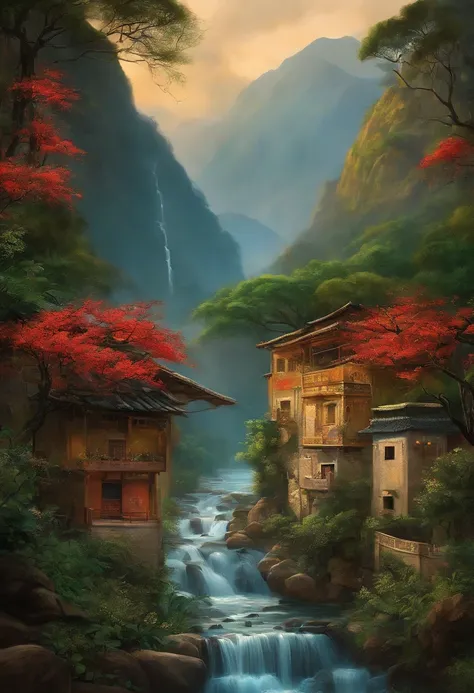 master part, best quality, muito detalhado, soberbamente detalhado, High mountains and running water, Pintura chinesa, Favela, imponente, Paisagens realistas, Cenas da dinastia Song