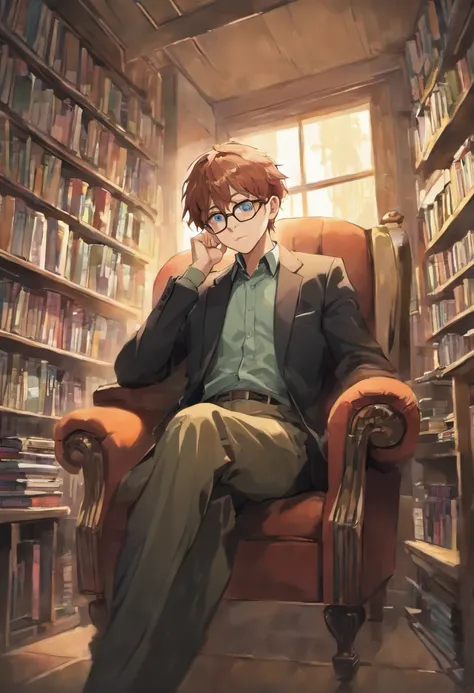 Theres a bespectacled man sitting in a chair in front of a bookshelf, with glasses and goatee, 3 6 anos, imagem do avatar, foto de perfil headshot, 3 2 anos, imagem de perfil, Postagem no Reddit, 38 anos, staring directly at camera, taken in the early 2020...