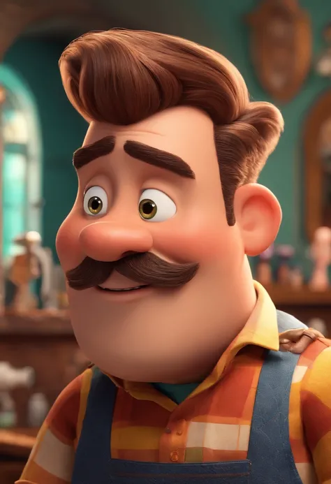 A Dream Barber Inspired by Pixar Animation, de perto. The character takes center stage with captivating facial expressions, oferecendo um toque de irrealidade, Cabelo curto e gordinho gradiente