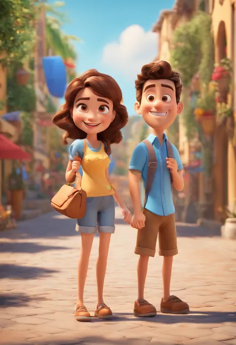 Cartoon of couple having fun on vacation together,  3D Animation Movie Poster, Poster de filme animado, pixar 3 d animation style, pixar renderman rendering, maia 8 mil, animated film, Disney Pixar Estilo 3D, amigos felizes saem juntos, all wearing light b...