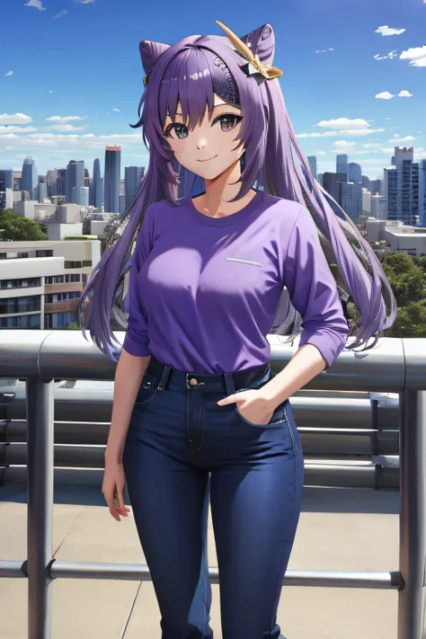 standing , city background , purple shirt and blue pant , smile ,