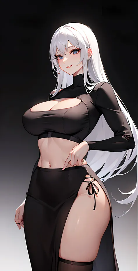 ((perfect anatomy)), a woman,  mature sexy woman , a woman perfect in every way, eyes, eyebrow,   white hair, (smiling), neck, big chest, perfect belly, waist, sexy legs, (((high waisted black skirt))) , black bra , white skin,white perfect skin , sexy ski...