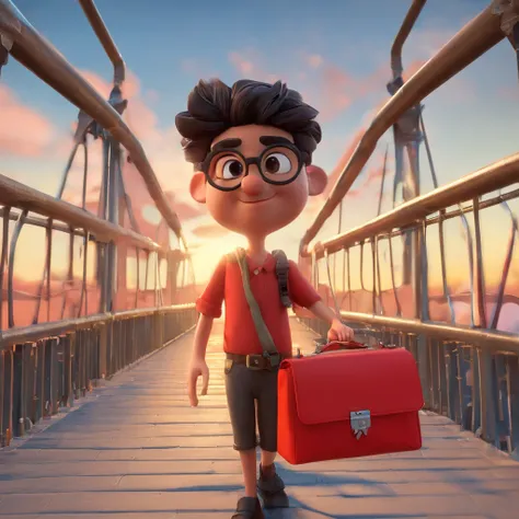 Crie um cartaz inspirado na Disney Pixar com o personagem sendo um adolescente de cabelo crespo, negro, wearing sunglasses, on a metal bridge and with the red bag on the back