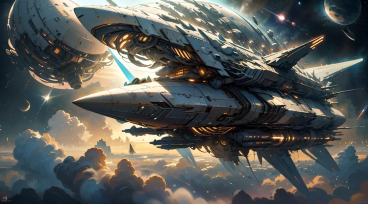 a futuristic hypersonic giant spaceship flying in the deep space, warship that ressembles to a concorde of a very far futur, a f...