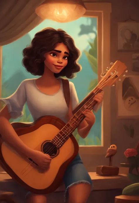 crie um banner no estilo Pixar. Uma menina, morena com cabelos medio e com franja, Castanhos escuros,jovem , usando uma camiseta, Wearing jeans and holding a classical guitar with 7 strings.