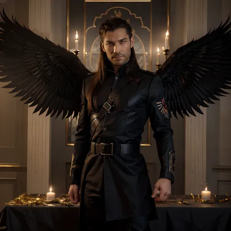 (8k, Best quality, Masterpiece:), Lucifer Morningstar, un militaire masculin britannique aux cheveux noirs, playful smile, Inflamed wings, diable, Fallen Angel, Flames in the background, specifics, costume sombre, Realistic details,uk general