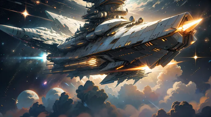 a futuristic hypersonic giant spaceship flying in the deep space, warship that ressembles to a concorde of a very far futur, a f...