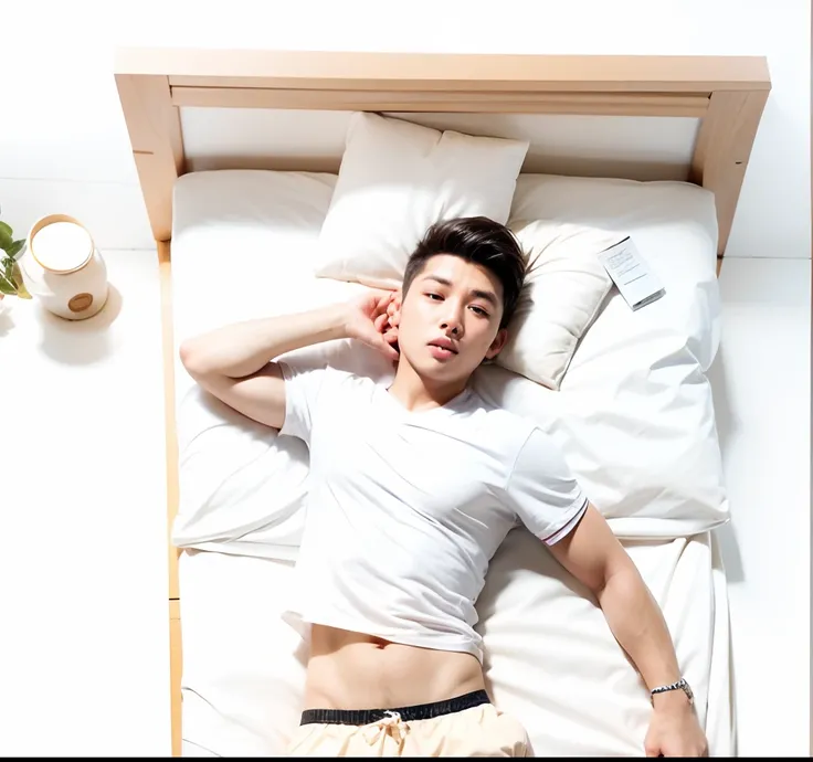 A boy lying on the bed reveals his stomach