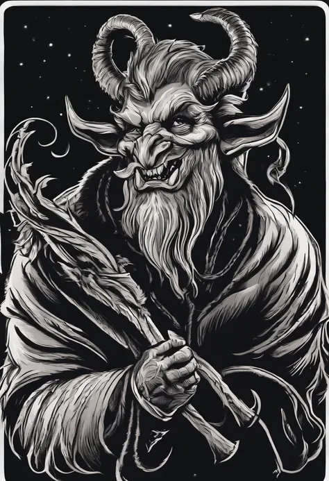 /imagine prompt: Krampus illustration for a sticker with a black background, in bold outline style, jagged edges, trashcore, light shading --v 5.2