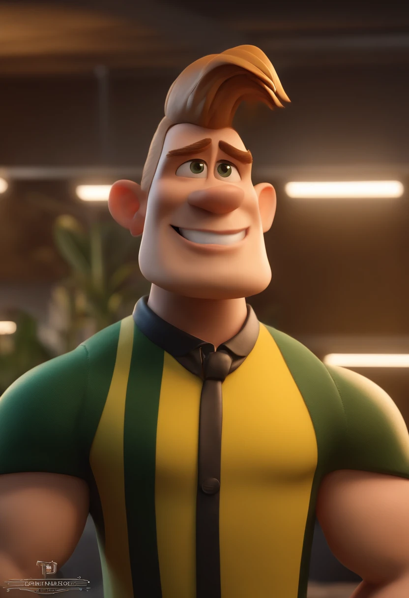 Personagem dos desenhos animados de um homem vestindo camisa preta, cor do cabelo: amarelo, barba amarela, olhos verdes, um personagem animado, Caractere estilizado, animation style rendering, 3D estilizado, Arnold Maya render, 3 d render stylized, toon re...