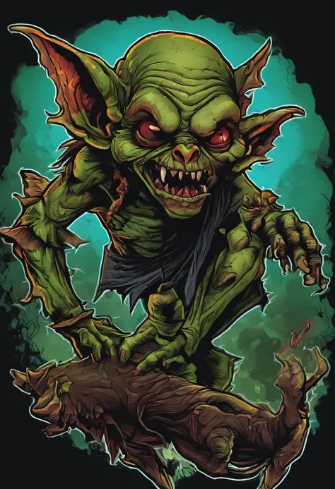 /imagine prompt: zombie goblin illustration for a sticker with a black background, in bold outline style, jagged edges, trashcore, light shading --v 5.2