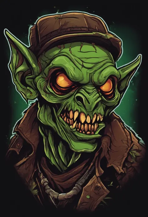 /imagine prompt: zombie goblin illustration for a sticker with a black background, in bold outline style, jagged edges, trashcore, light shading --v 5.2