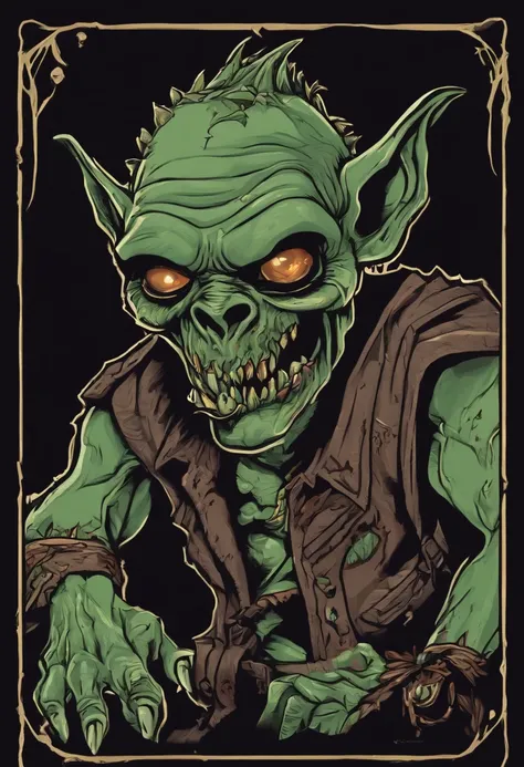 /imagine prompt: zombie goblin illustration for a sticker with a black background, in bold outline style, jagged edges, trashcore, light shading --v 5.2