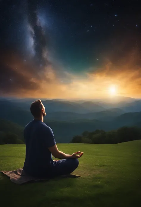 A person in prayer and in tune with God on the grass crying out for victory with the sky full of galaxies 4k and realistic image