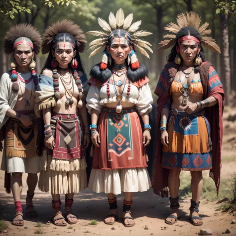 A group of Apache tribes, indian face, custom full Apache tribe, scary face, forest, realistic, looks real, cinematic, scratches, full body, face expression clear, majicmix, landscape ratio 16:9 --auto --s2