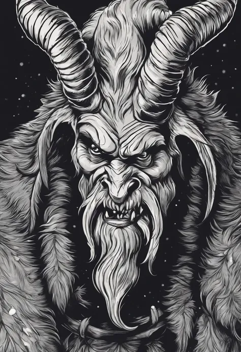 /imagine prompt: Krampus Christmas illustration for a sticker with a black background, in bold outline style, jagged edges, trashcore, light shading --v 5.2