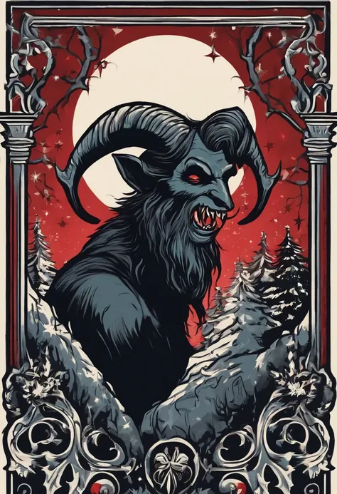 /imagine prompt: Krampus Christmas illustration for a sticker with a black background, in bold outline style, jagged edges, trashcore, light shading --v 5.2