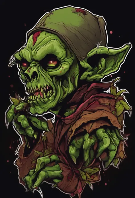 /imagine prompt: zombie goblin illustration for a sticker with a black background, in bold outline style, jagged edges, trashcore, light shading --v 5.2