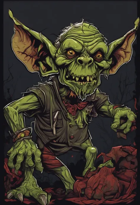 /imagine prompt: zombie goblin illustration for a sticker with a black background, in bold outline style, jagged edges, trashcore, light shading --v 5.2