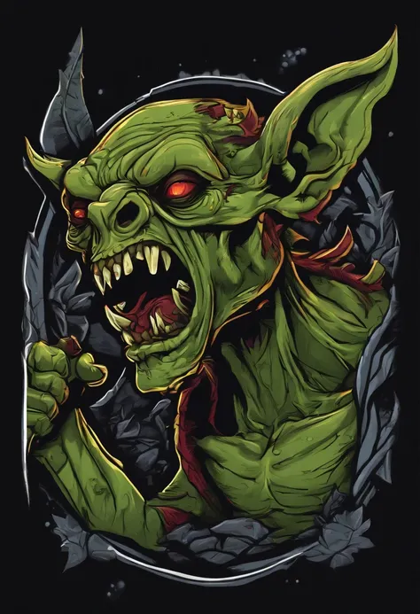 /imagine prompt: zombie goblin illustration for a sticker with a black background, in bold outline style, jagged edges, trashcore, light shading --v 5.2