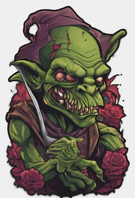 /imagine prompt: zombie goblin illustration for a sticker with a black background, in bold outline style, jagged edges, trashcore, light shading --v 5.2