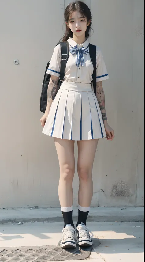 (stand posture，full bodyesbian:1.5)，(16yo girl:1.3),(anatomy correct:1.4),(JK short school uniform:1.2),(White high socks:1.3),(with tattoos:1.2),(wavy and long hair:1.1),(Accurate and delicate face:1.2),(Accurate and perfect legs:1.3),(Slender and slender...