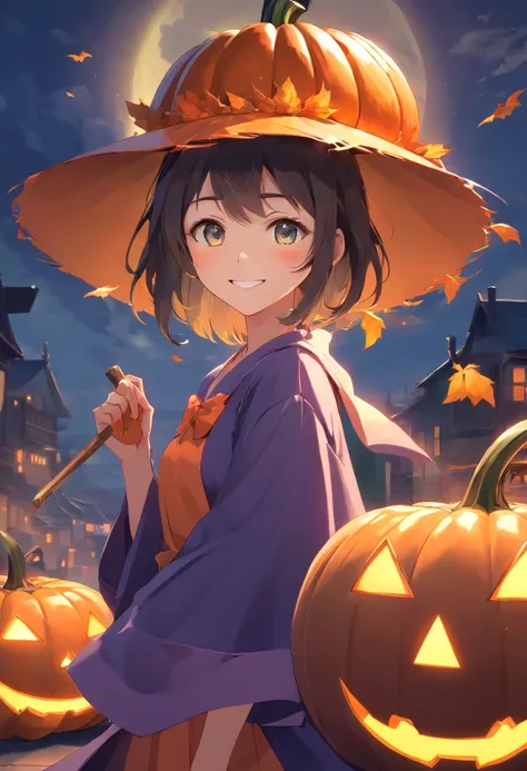 A 3D android witch girl with a realistic pumpkin head, presenta una sonrisa amigable y una paleta de colores vibrantes.