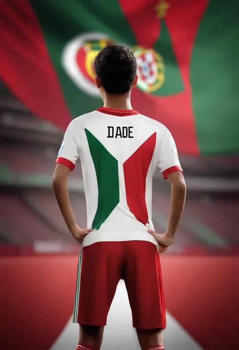 Homem portugues de 12 anos de idade ,Black-haired brunette with the Portugal national team shirt ,Pixel Version