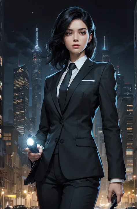 Beautiful woman. Detailed drawing of the face. A masterpiece. Black hair. He is wearing a black business suit. In one hand, he holds a device that resembles a flashlight. She is standing in the middle of the city at night. An uninhabited city.