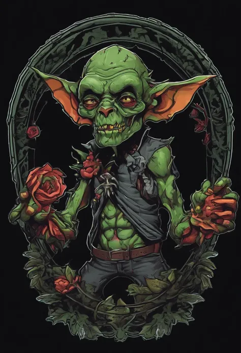 /imagine prompt: zombie goblin illustration for a sticker with a black background, in bold outline style, jagged edges, trashcore, light shading --v 5.2