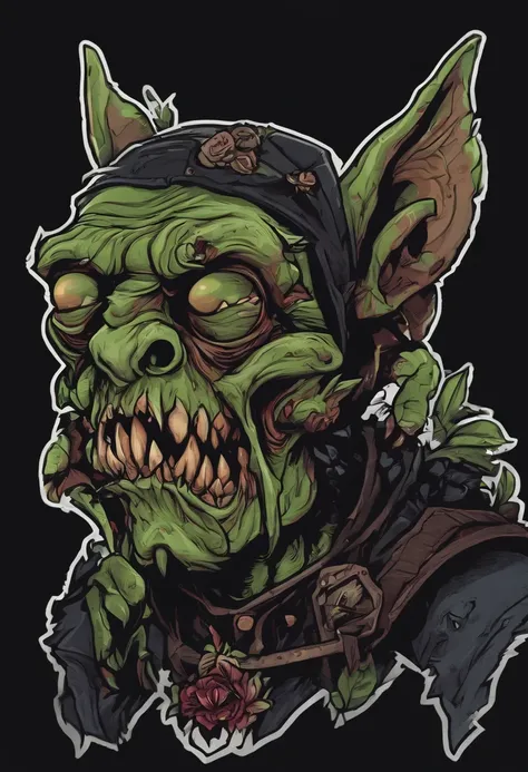 /imagine prompt: zombie goblin illustration for a sticker with a black background, in bold outline style, jagged edges, trashcore, light shading --v 5.2