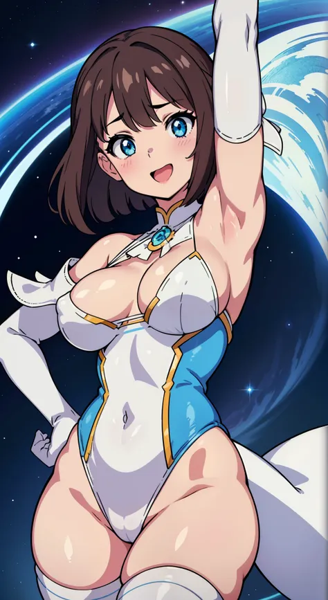 (a closeup、16 K、top-quality、high detailing、rich skin detail、nffsw)、(NSFW)、Watch everywhere、obedience、a matural female、:D、Surprised、Wavy mouth、((very Bigger breasts))、Parted bangs、((White and blue leotard))、Blue crystal、White Gloves、White knee socks、Blue Bo...