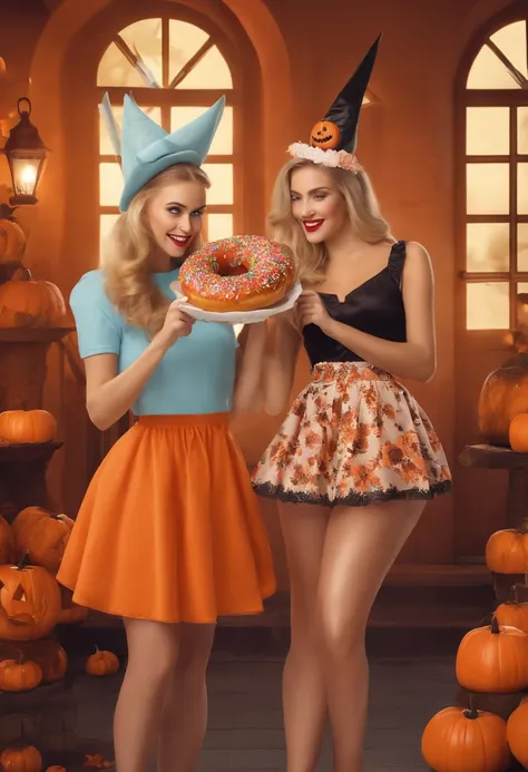 In the picture, two young women are standing, enjoying donuts in a Halloween-themed setting. The first woman, blonde with her hair tied to the left, is wearing an orange t-shirt and holding a donut in her right hand. The second woman has brown hair and is ...